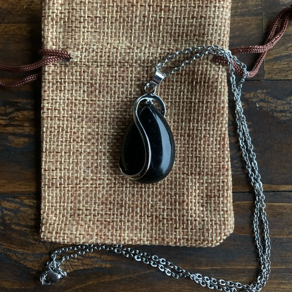 Brand New Black Obsidian Drop Pendant with Stainless steel Chain